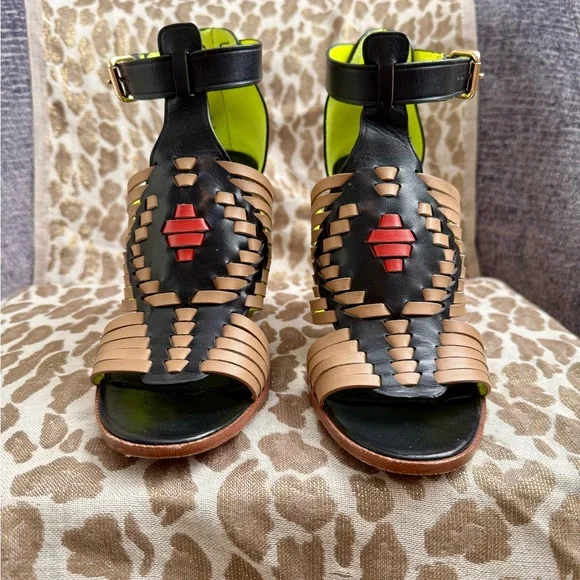 Coach Lorrie Black and Tan Woven Block Heels - Picture 3 of 7